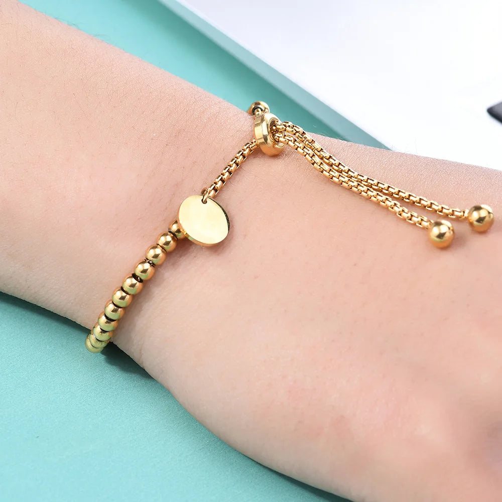 Stainless Steel 18K Gold Chain Bracelet Titanium Custom Logo Round Charm Beads Adjustable Bracelet Bangle