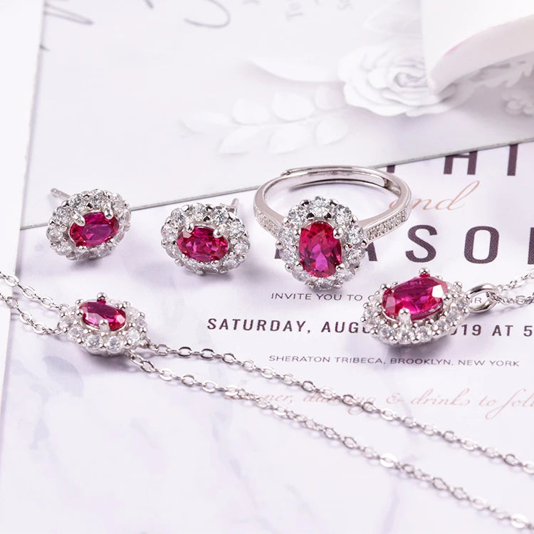 Good Quality Fashion Accessories 925 Silver Jewelry Sets Delicate Lab Grown Ruby Jewelry Set Supplier Gem Stone Ring