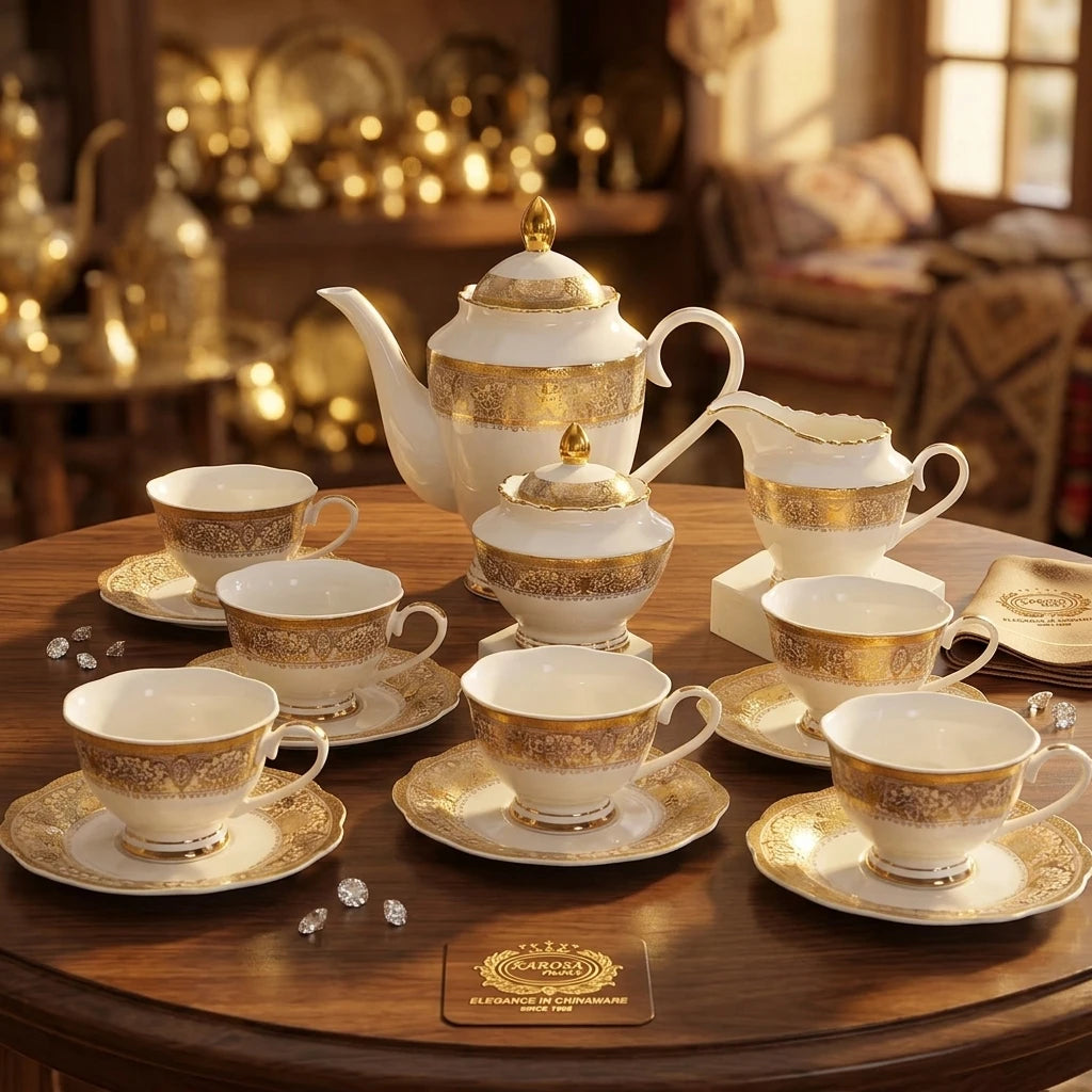 Quick Shipping 17-Piece Handmade Ceramic Fashionable Germany Gold Decoration Top Sale Eco-Friendly Office Coffee Tea Cup Set