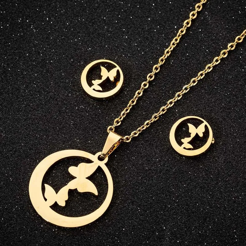 Non Tarnish PVD Plated 18K Gold Silver Stainless Steel Double Butterfly Pendant Necklace Earring Jewelry Set for Women