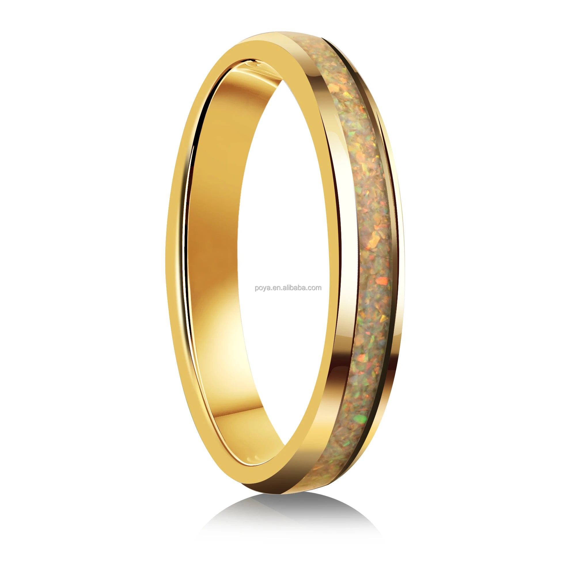 POYA Tungsten Wedding Ring with White Opal Inlay 4mm  Gold Classic Style Anniversary Ring Engagement Gift for Unisex