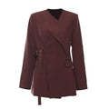 Wholesale Ladies Blazer Elegant Asymmetric Cross Sashes Solid Burgundy Fashionable Simple Women's Jacket Woven Casual Blazers