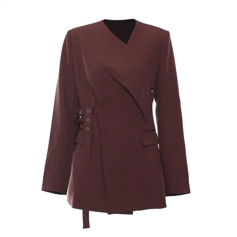 Wholesale Ladies Blazer Elegant Asymmetric Cross Sashes Solid Burgundy Fashionable Simple Women's Jacket Woven Casual Blazers