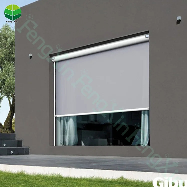 Outdoor Pergola Sunroom Sunshade Blackout Waterproof Windproof Motorized Smart Electric Roller Zip Screen Blinds