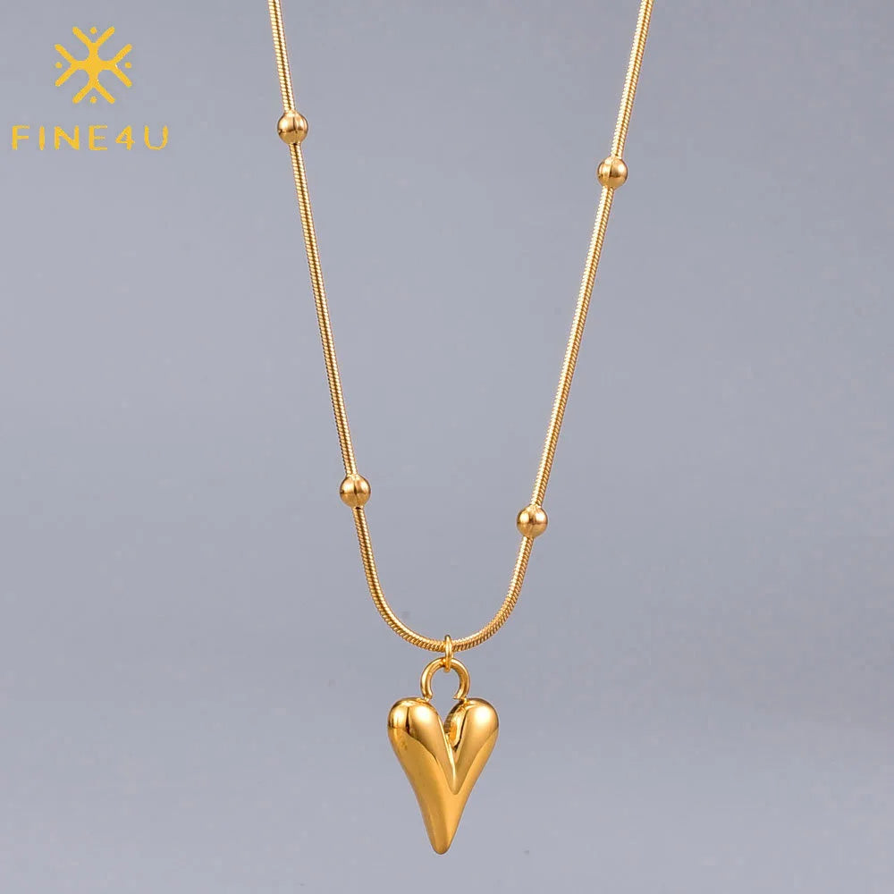 Wholesale Fashion Women Stainless Steel Heart Pendant Beaded Snake Chain Gold Plated Necklace Beads