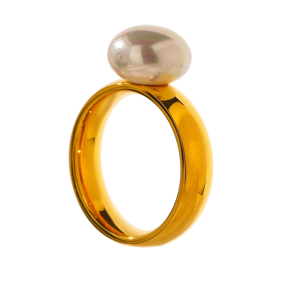 JINYOU 1457 Fashion Elegant Waterproof 18k Gold Plated Stainless Steel Shell Pearl Ring Charm Jewelry for Women