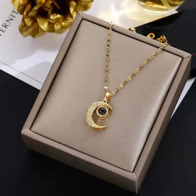 New 100"I love You" Languages Projection Moon Pendant Necklace for Women Memory of LOVE Stainless Steel Chain Necklace Jewelry