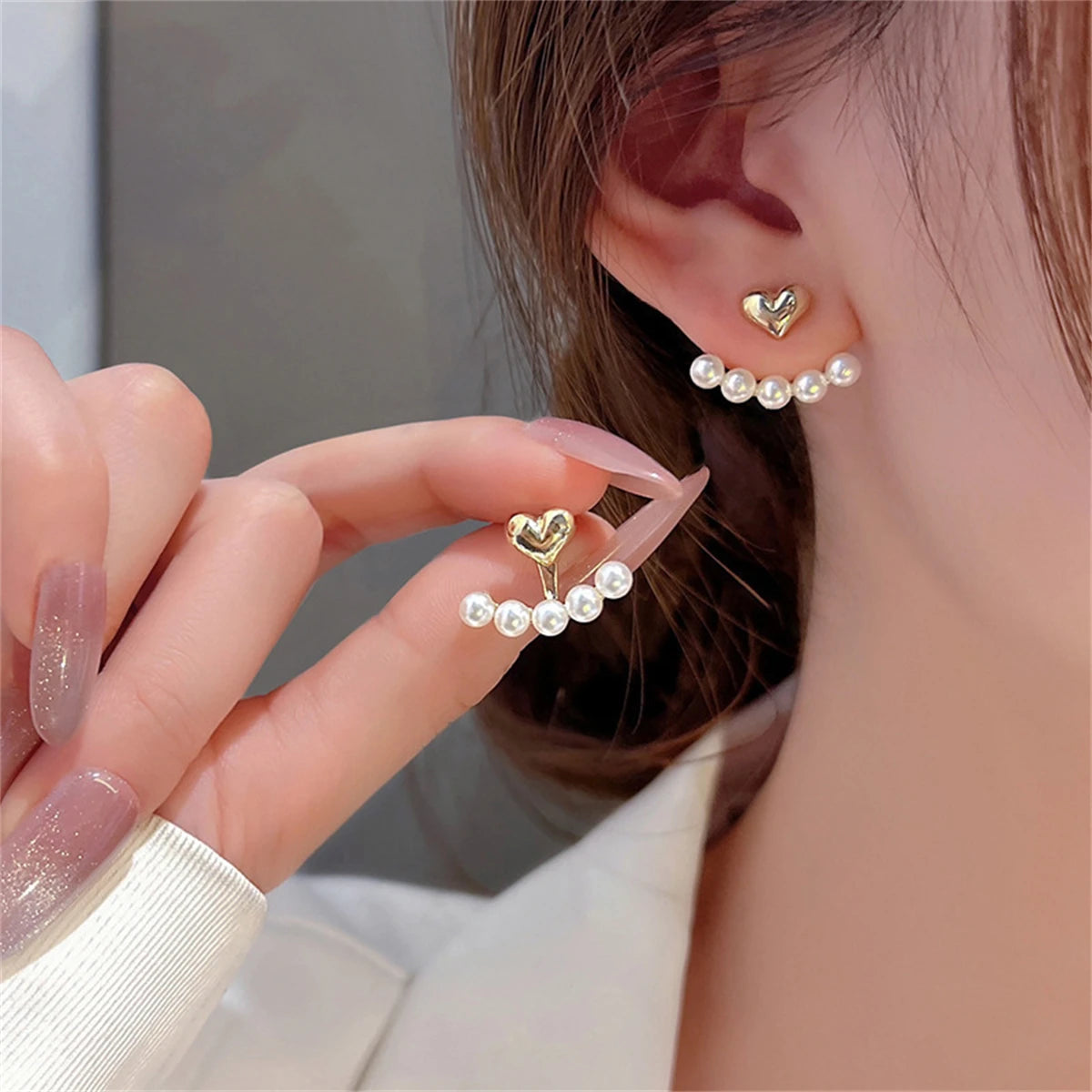 Rinhoo Trend Korean Style Love Heart Pearl Earrings Cute Flower Rhinestone Stud Earrings for Women Fashion Jewelry Birthday Gift