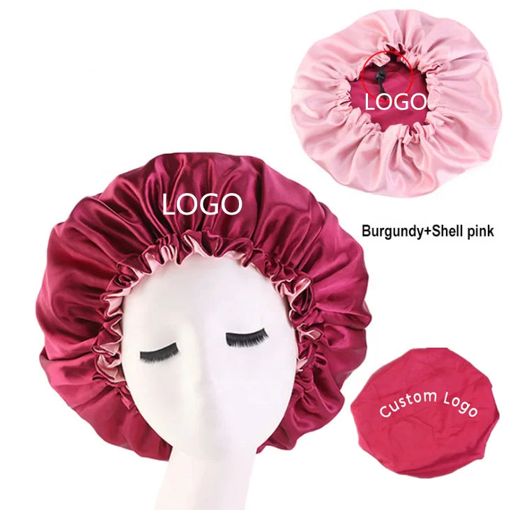 Top Sellers 2019 Custom Private Label Women's Hair Beauty Extra Large Satin Bonnet Logo Drawstring Sleeping Cap Daily Use Four