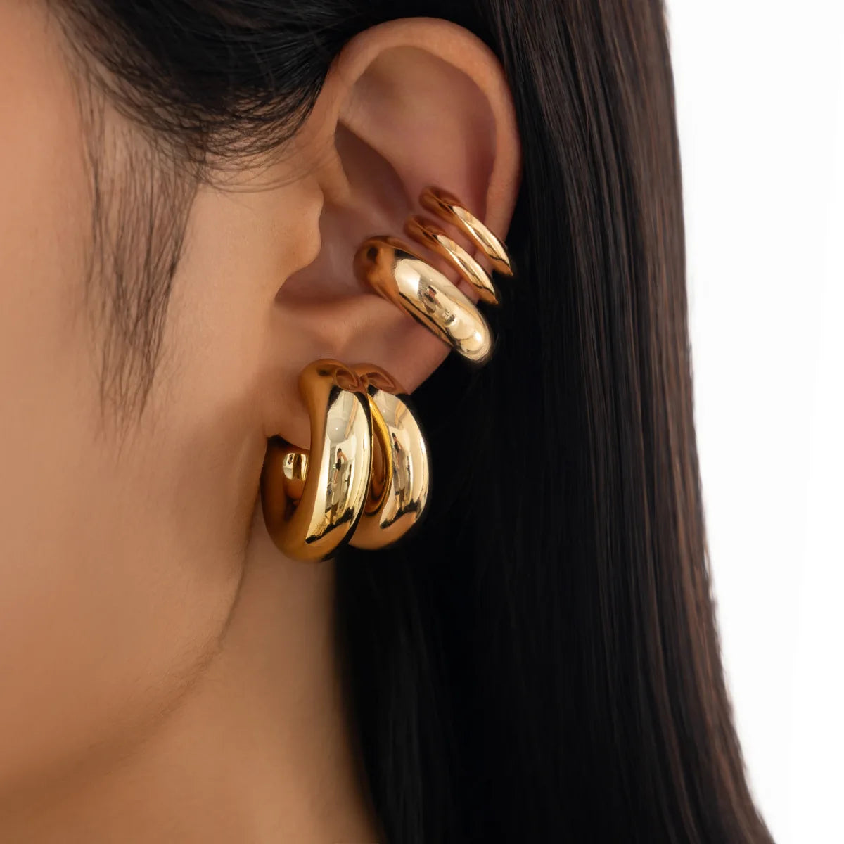 New Arrival Fashion C Shape Earrings Set Simple Trendy Alloy Smooth Ear Cuff Hoop Earrings for Women