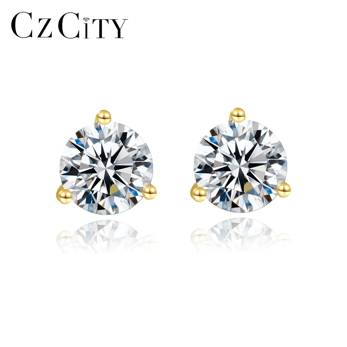CZCITY Zircon Korean Earrings for Women Three Size Single Round Cubic Zirconia Women Silver Stud Earrings