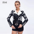 Women's Letter Printing Faux Leather Motorcycle Riveted Leather Jacket With Belt