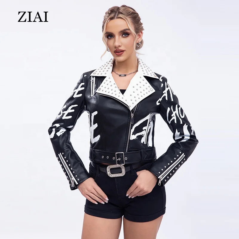 Women's Letter Printing Faux Leather Motorcycle Riveted Leather Jacket With Belt