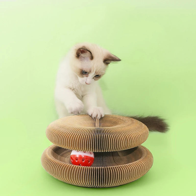 Magic Accordion Folding Cat Interactive Toy Corrugated Round Cute Magic Organ Cat Scratching Board With Toy Bell Catnip