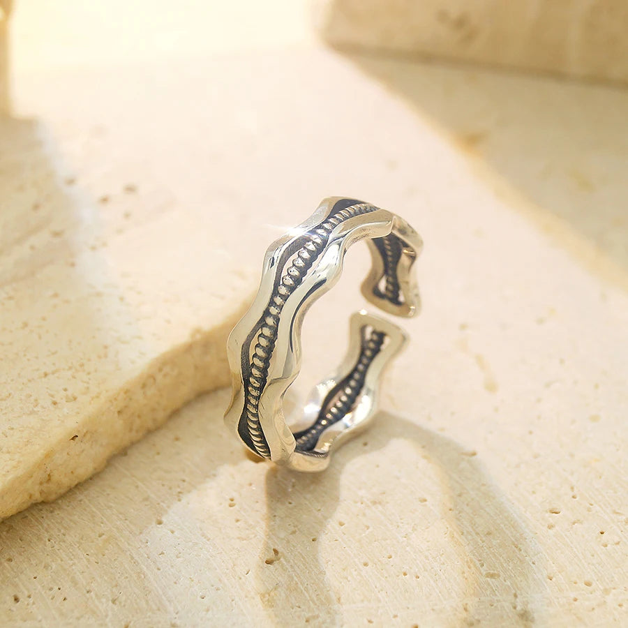 Open Adjustable Oxidized Processed Jewelry Sterling Silver Wave Band Simple Silver Rings for Men 925 with Black