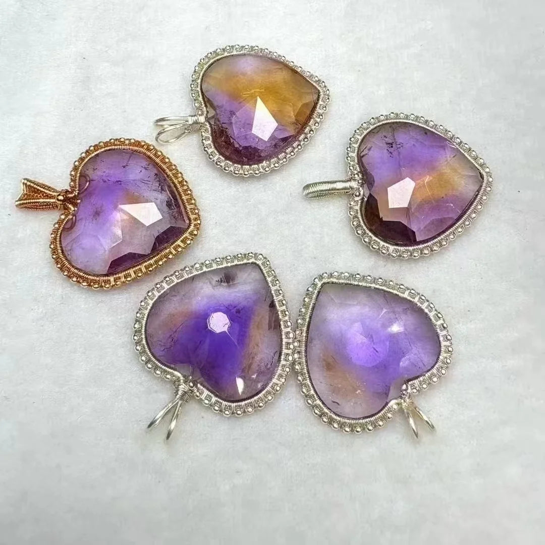Handmade Customized 14k Gold Plated Wire Wrapped Natural  Crystal Faceted Amethyst  Ametrine Heart Pendant