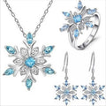 Fashionable 4 In 1 Christmas Winter Elegant Sterling Snowflake Earrings Necklace Inset Blue Cubic Zirconia Stones Jewelry Sets
