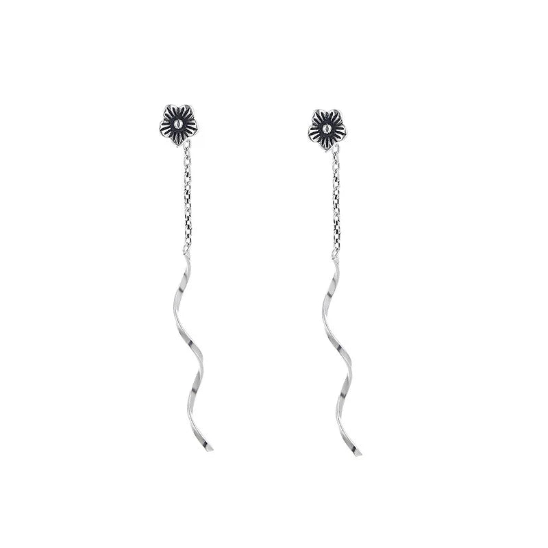 925 Sterling Silver Wavy Flower Earring  Line Female Long Idyllic Daisy Tassel Retro Earrings Personality Trendy
