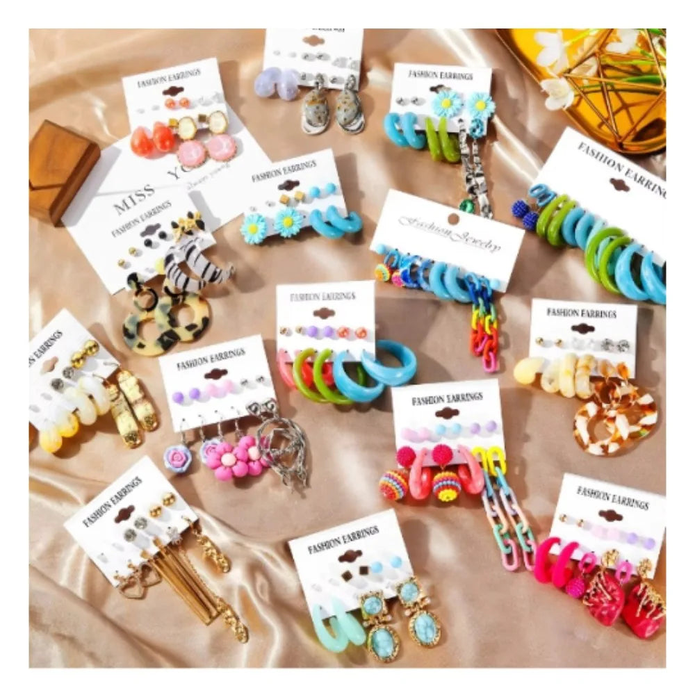 Custom Colorful Bohemian Acrylic Tassel Heart Stud Hoop Earrings Set for Women Jewelry Set Gift