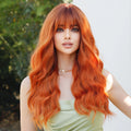 Copper Orange Wig Long Curly Synthetic Hair Wig for Women White Curly Water Wavy Hair Wig with Bangs for Christmas Party Cosplay