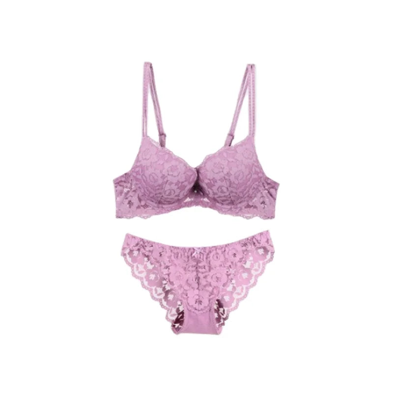 High Quality Slim Padded Lace Underwear Set for Women Sexy Bra and Bikini Panties with Embroidery Decoration Solid Pattern