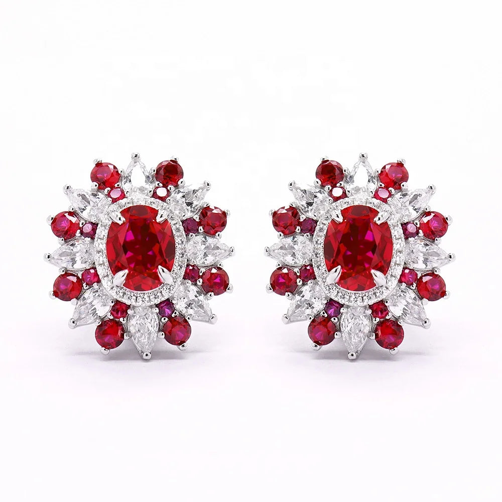Simple Double Halo Earrings Fine Jewelry 925 Sterling Silver With Ruby and Diamond for Women's Parties and Gifts