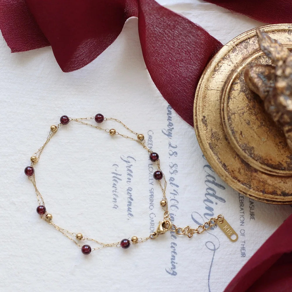 Bead Garnet Stone Plated Bead Bracelet Gold Minimalist Round Stainless Steel Natural Women's Ball BANGLES Cuff Bracelet Gem