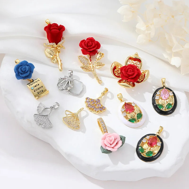 14k Gold Plated Ginkgo Leaf Charm Rose Crystal Flower Necklace Pendant for Jewelry Making
