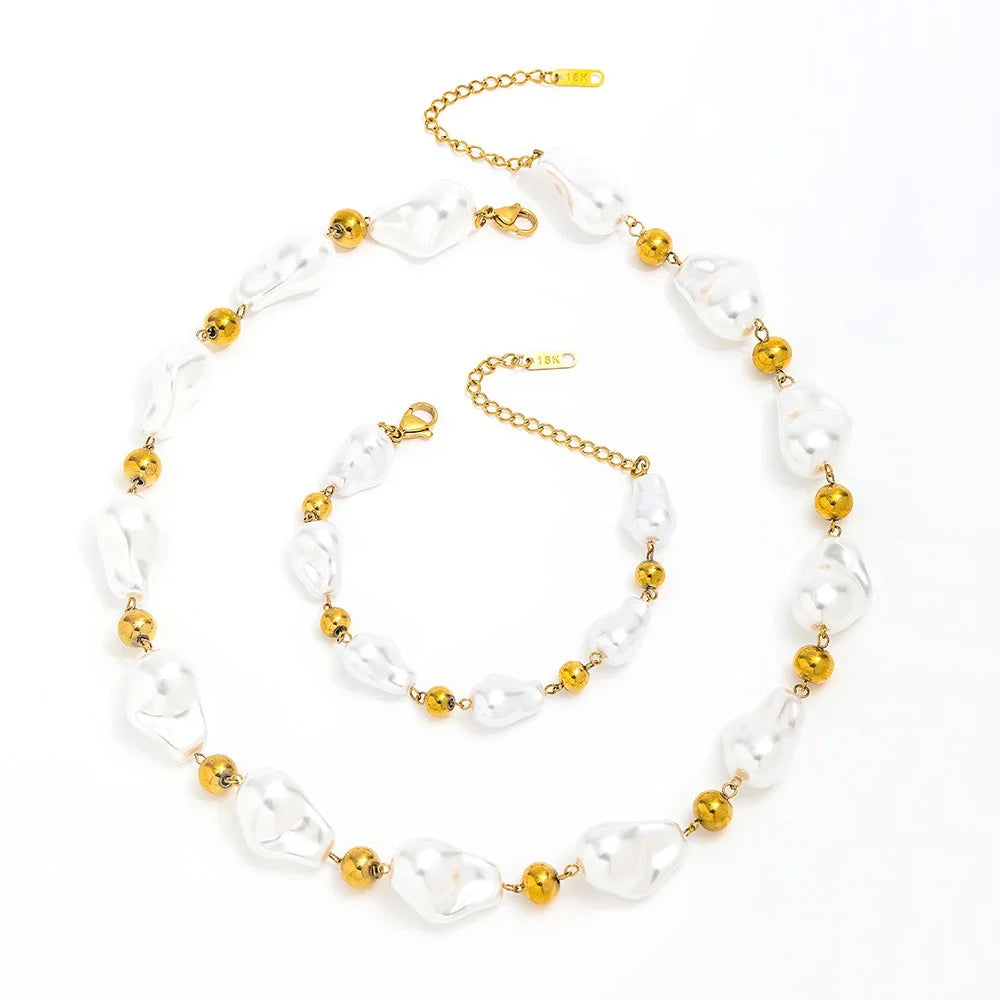 Joolim Jewelry 18K Gold Plated Imitation Pearl Shell Powder Chain Bead Satellite Necklace Stainless Steel Jewelry Bracelet Set