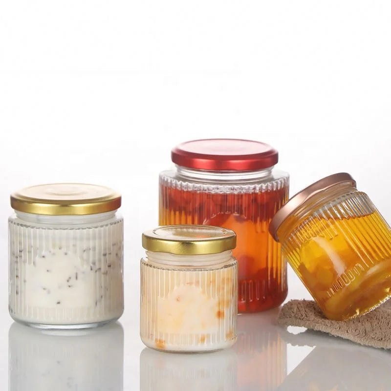 5oz 7oz 7oz 12oz 16oz Clear Straight Side Vertical Stripe Glass Honey Jars Food Container Glass Jar With Metal Lid