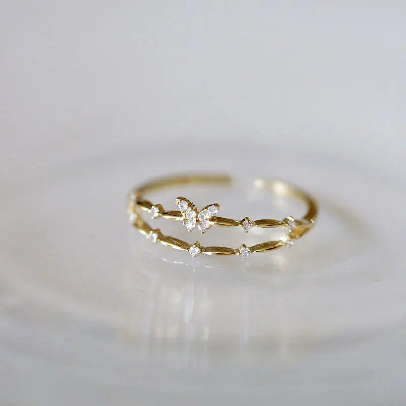 Delicate Double Layered 925 Sterling Silver Shiny Zircon Butterfly Finger Rings for Women Jewelry