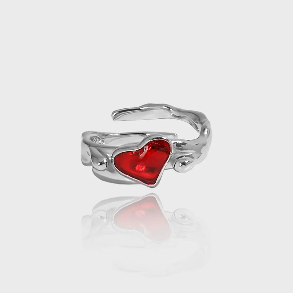 FUAMAY 925 Sterling Silver Irregular Ring Adjustable Red Enamel Heart Shaped Rings Heart Ring