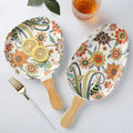Customizable Colorful Melamine Dinner Plate with Eco-Friendly Wood Handle Plant Pattern Engraving Party Restaurant Use
