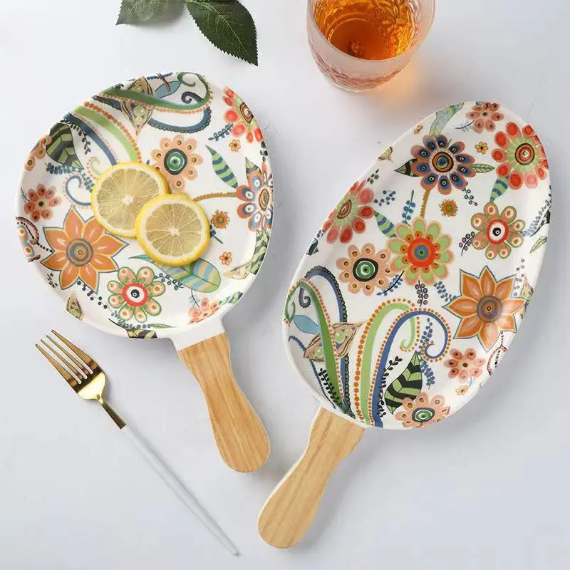 Customizable Colorful Melamine Dinner Plate with Eco-Friendly Wood Handle Plant Pattern Engraving Party Restaurant Use