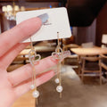 925 Silver Needle Pearl Bow Earrings luxury Full Diamond Crystal Rhinestone Dangle Earrings with Long Tassel