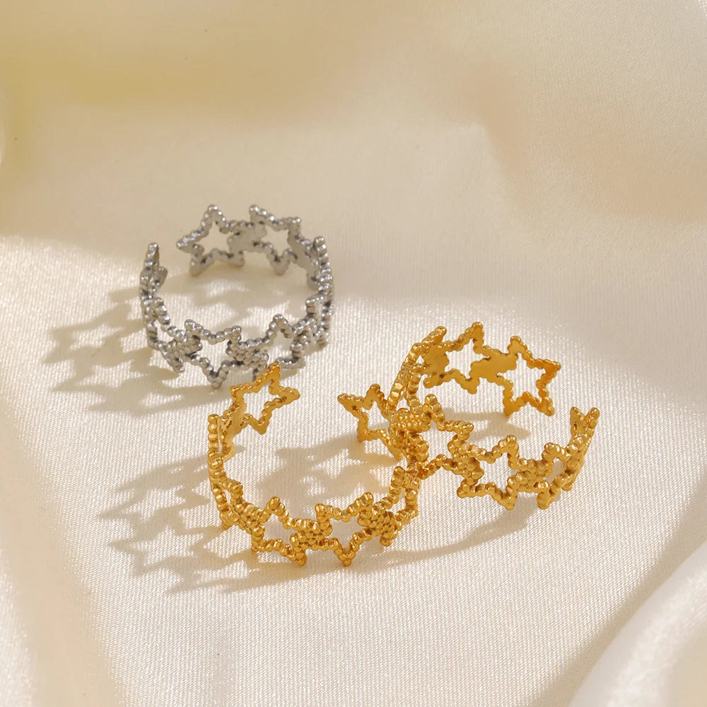 Trendy Hollow Out Engraved Five-Pointed Star Rings Christmas Gift Jewelry Real 18K Gold PVD Stainless Steel Fashion Finger Bands