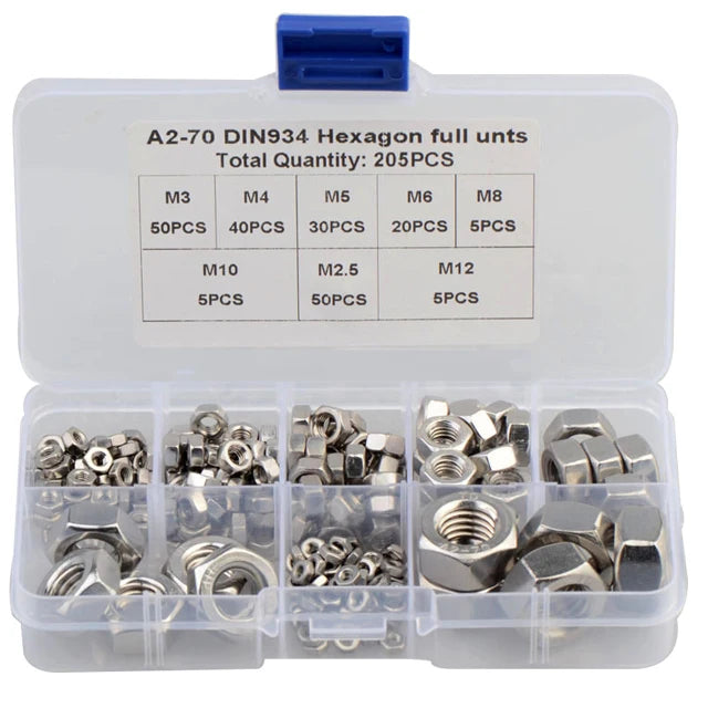 205PCS M2.5 M3 M4 M5 M8 M10 M12 Cross-boundary Trade 304 Stainless Steel 934 Hexagon Nut Combination Set