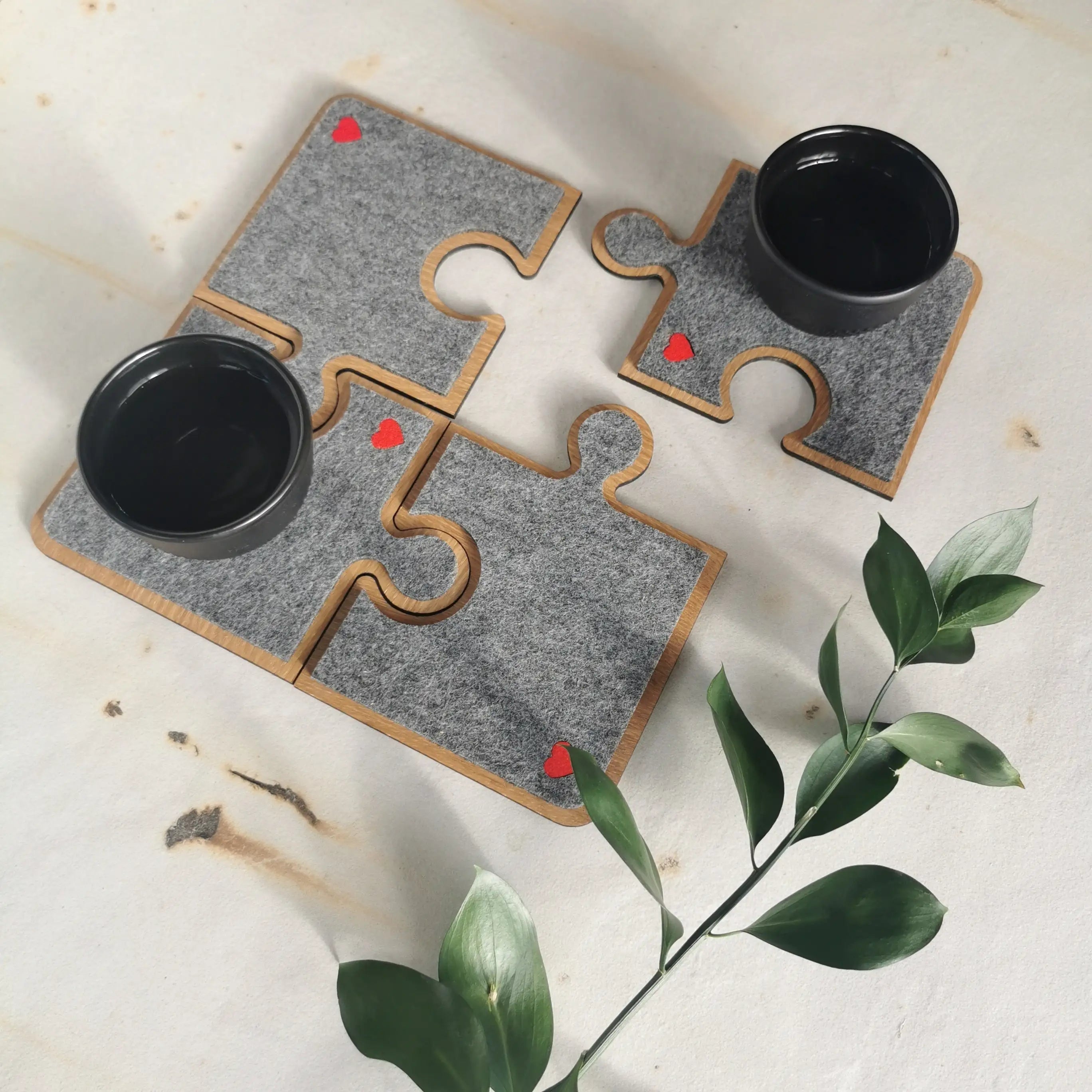 Geometric Wooden Felt Jigsaw Coaster Set of 4 Pieces with Personalized Engraving and Digital Printing Perfect Table Gift