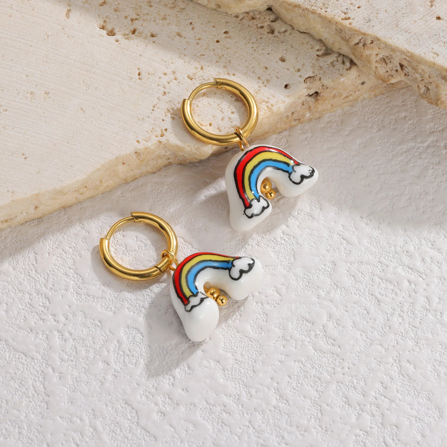2025 Cute Rainbow Ceramic Earrings 18K Gold Plated Stainless Steel Charm Hoop Pendientes Waterproof Jewelry