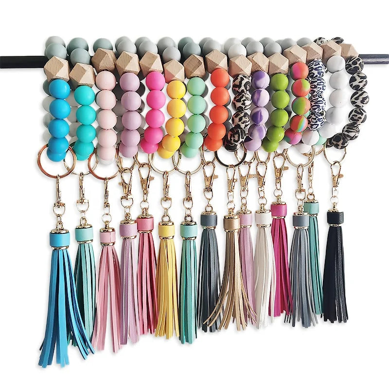 Wholesale Fashion Colorful Silicone Beads Bracelet Tassel Keychains Wristlet Printing Silicone Beads Bangle