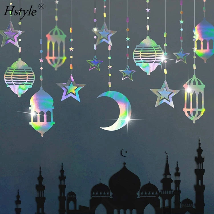 6pcs Iridescent Star Moon Lantern Ramadan Garland Holographic EID Decoration Home Happy Ramadan Decor HS548