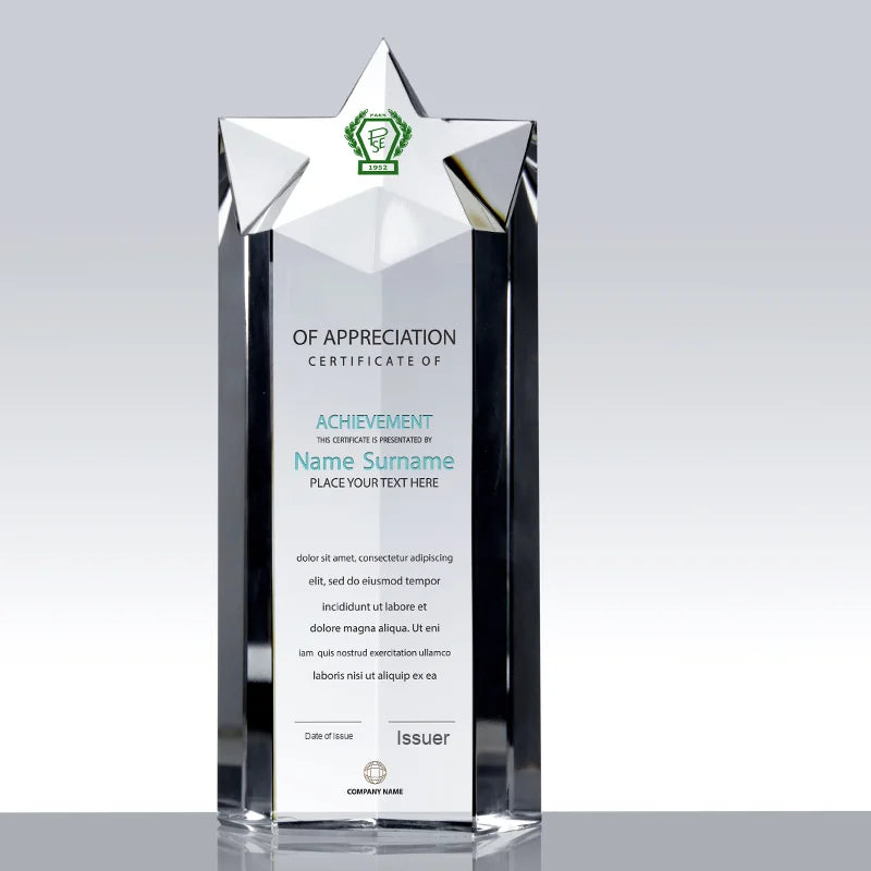 Custom Creative Five-Pointed Star Crystal Column Trophy Award Company Employee Agent Franchise Engraved Carved Technique