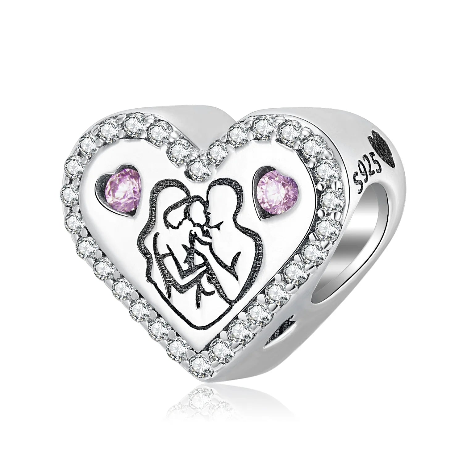 Heart Shape Charm Happy Family 925 Sterling Silver Bead with clear CZ for Women Bracelet Jewelry Making Accessories Gift Beads
