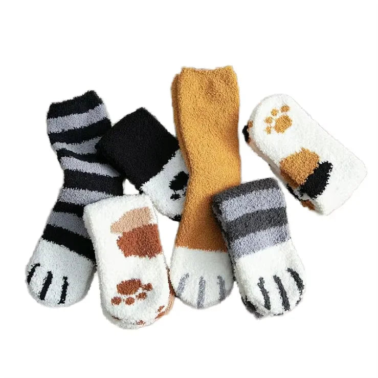 Autumn/Winter Cat Claws Home Floor Socks Sleep Socks Women's Mid-tub Coral Velvet Socks Soft and Warm