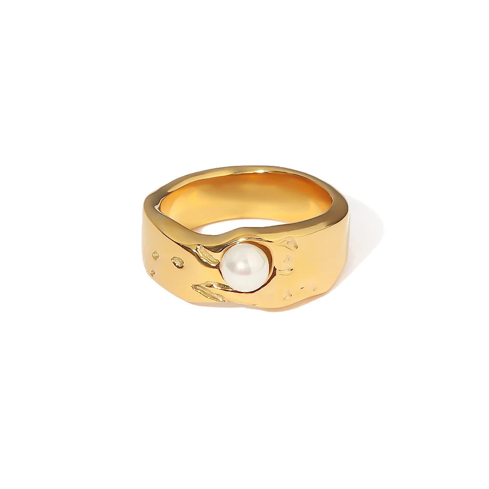 Dainty Stacking Irregular Lava Shape Pearl French 18K PVD Gold Plated Stainless Steel Ring Jewelry