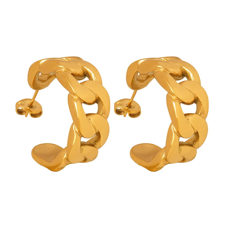 French Trendy Stainless Steel C- Shaped Chain Surrounding Stud Earrings Titanium Steel 18K Hoop Huggie Earrings for Girls