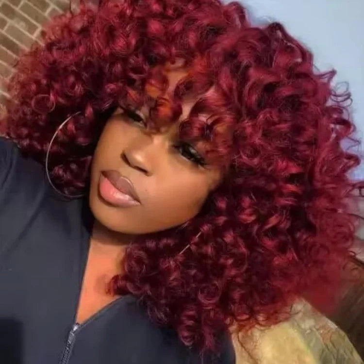 Pixie Cut Curly Human Hair Wigs With Bangs Full Machine Made Human Hair for Black Women