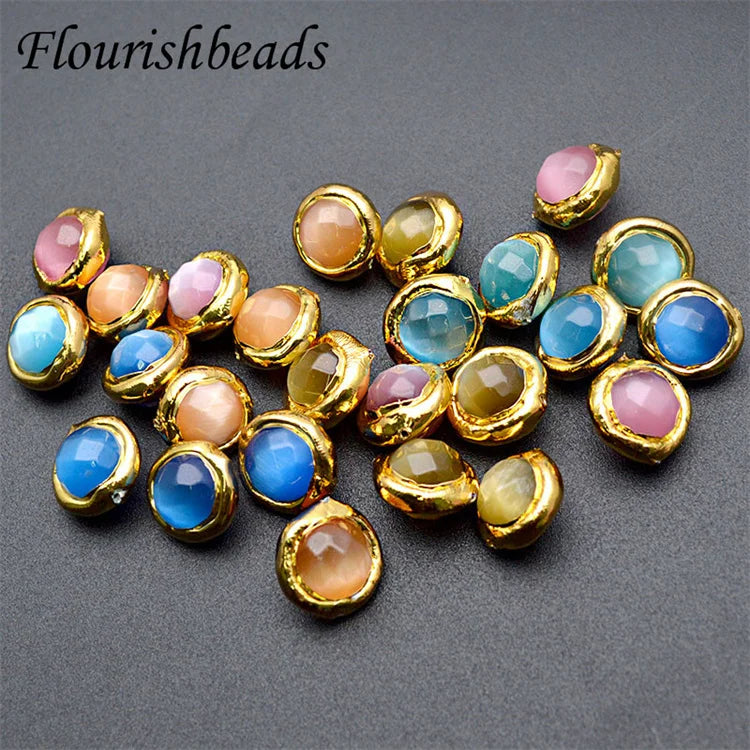 Wholesale Random Mix Color Natural Gemstone Gold Plated Round Shape Cat Eye Stone Loose Beads for Jewelry Making