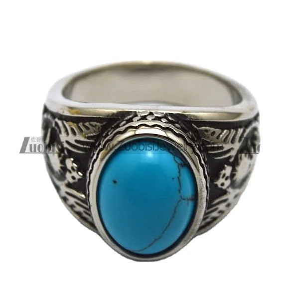 Vintage Silver Engraved Patterned Oval Blue Agate Stone Ring