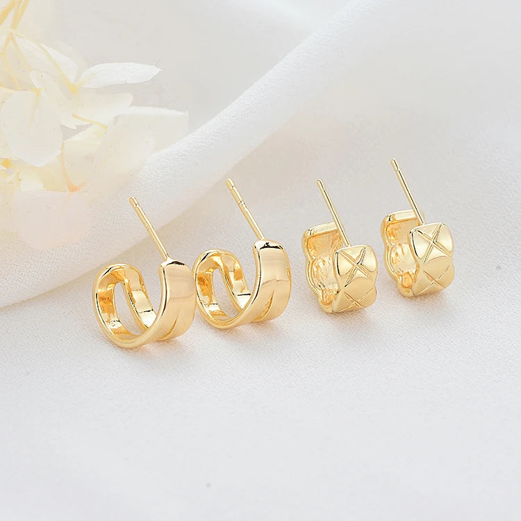 Factory Wholesale Fashion Women's Earrings 14K Gold Plated Striped C Shaped Jewelry Earring Studs